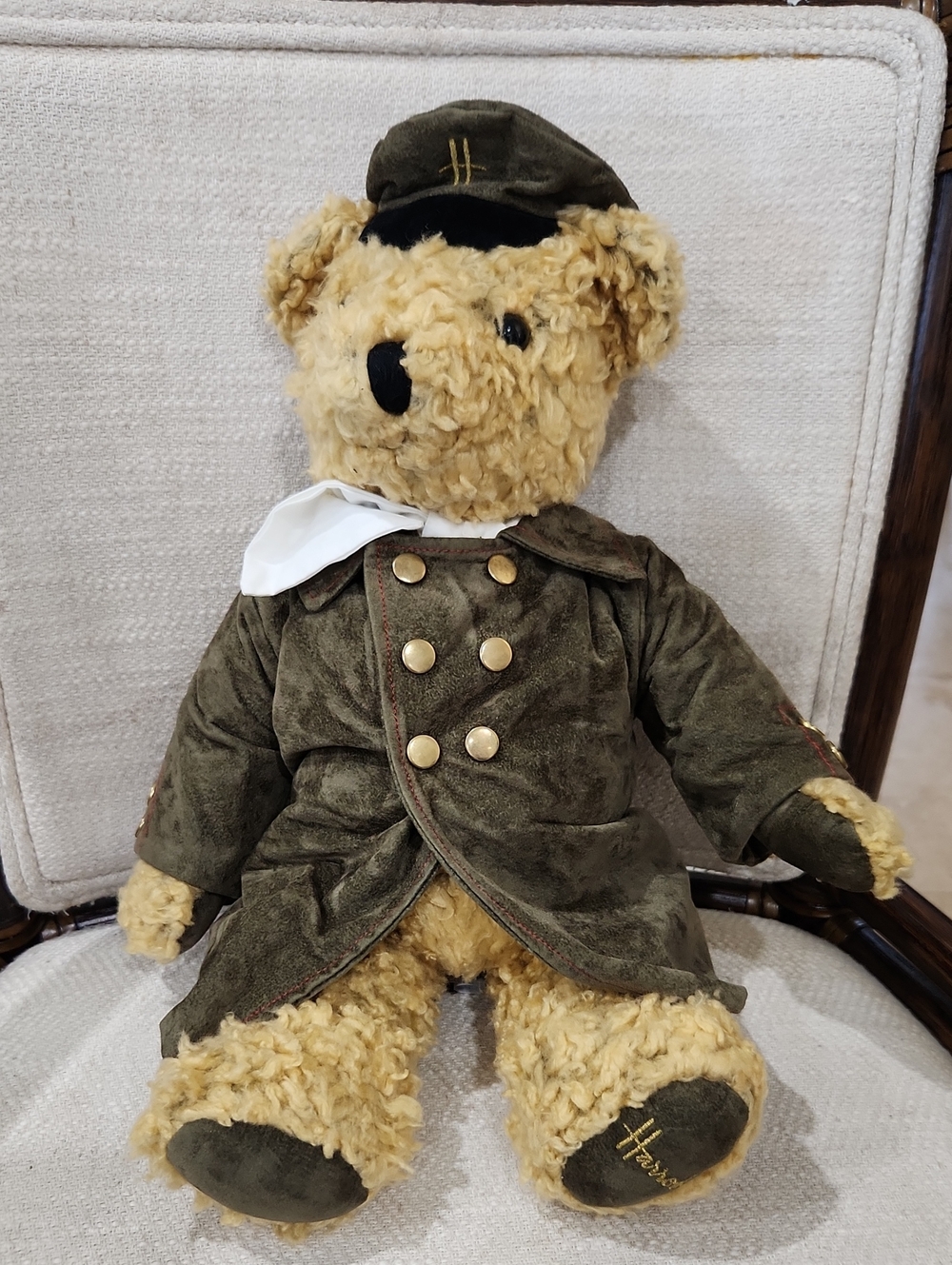 Harrods Teddy Bear in Olive Green Coat and Cap